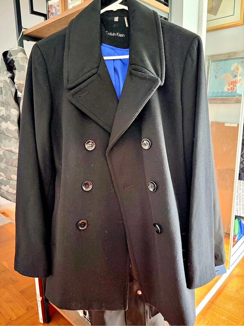 Calvin Klein Double-Breasted Wool Blend Peacoat Black Size 12